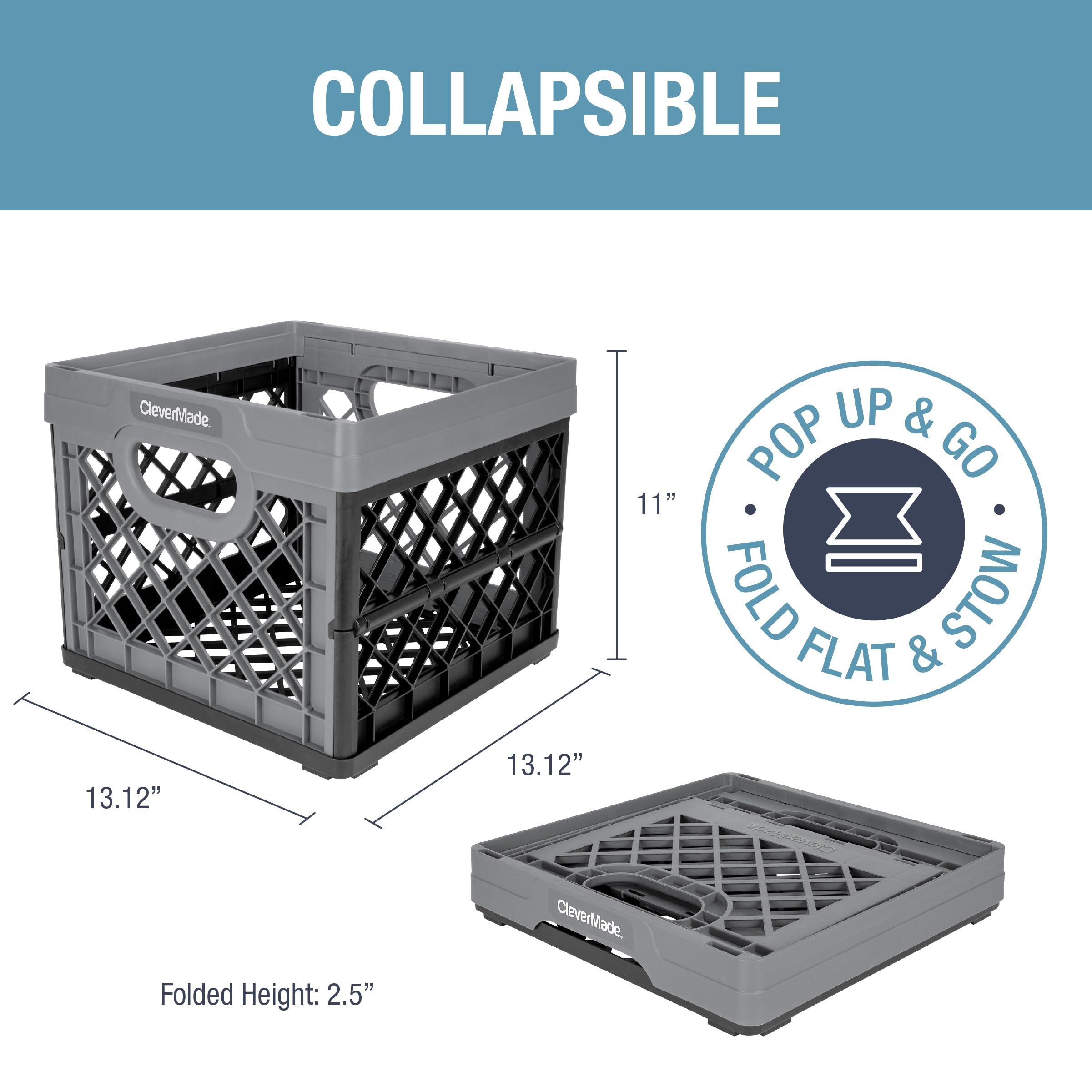 Clevermade Collapsible Milk Crate, Stone, 3Pk - 25L (6 Gal) Stackable Storage Bins, Holds 50Lbs Per Bin - Clevercrates Are Heavy